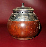 Antique English Oak & Nickel Plate 4" Round Tea Caddy Canister Jar c. 1920