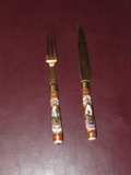 Antique Stahl Bronce German Knife & Fork Set w/ Hand Painted Porcelain Handles