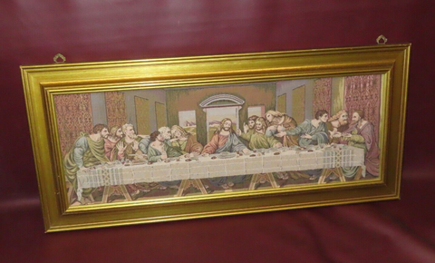 Vintage Gilt Wood Framed 34" Long Christian Tapestry - Jesus & the Last Supper