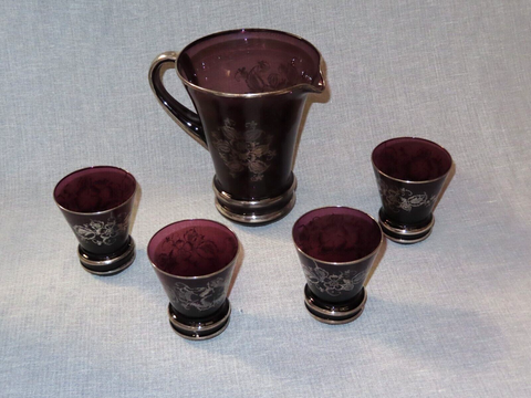 Vintage Set Fine Amethyst Purple Glass w/ Silver Overlay Water Pitcher & 4 Cups