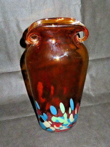 Vintage 13" Amber Hand Blown Art Glass Double Handle Vase w/ Multi-Colored Base