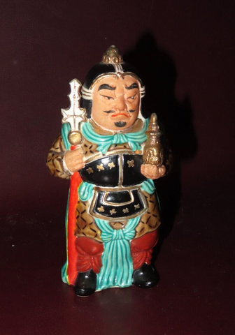 Vintage 6" Tall Hand Painted Japanese Porcelain Buddha Guard Figure w/ Staff
