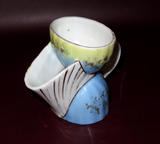 Antique Hand Painted 4" Tall Blue & Yellow European Style Porcelain Shaving Mug