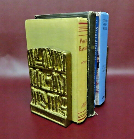 Vintage Pair 6" Tall Solid Brass Bookends w/ Embossed Bookshelf Decor Image