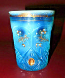 RARE Vintage 4" Translucent Blue Cut Glass & Gilt Christmas Holly Drinking Glass