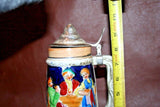 Vintage German Flip Lid 9.5" Pottery Musical Stein w/ Pub & Castle Scene
