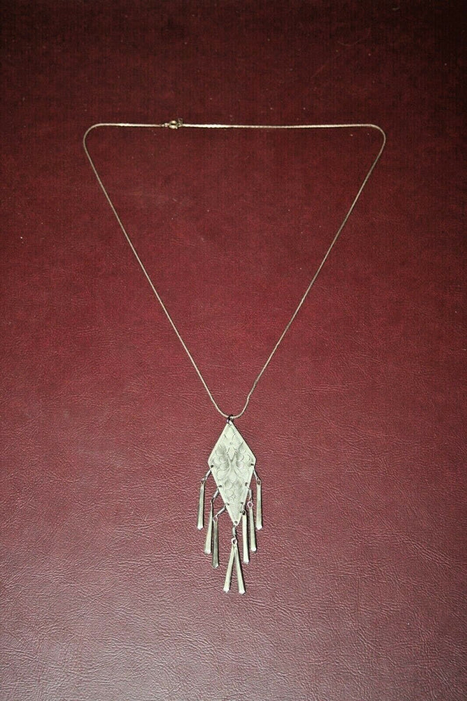 Vintage American Southwest Style 25" Etched Silver Pendant Necklace w/ Tassels