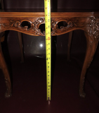 Antique Highly Carved French Marquetry Inlaid Wood Occasional Table w/ Glass Top