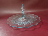 Vintage Center Handle 12" Ruffled Clear Blue Depression Glass Serving Platter