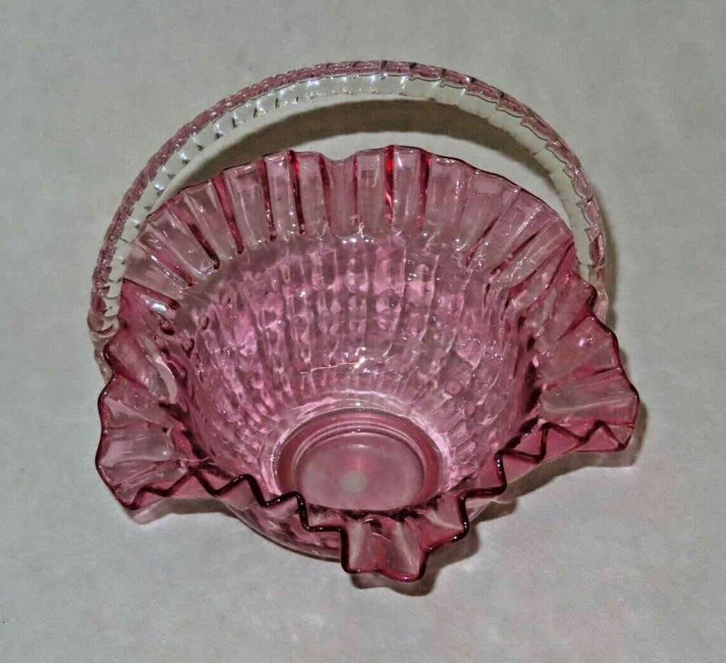 Vintage 10" Fenton Style Cranberry Glass Brides Basket w/ Ruffled Lip & Handle