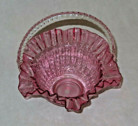 Vintage 10" Fenton Style Cranberry Glass Brides Basket w/ Ruffled Lip & Handle