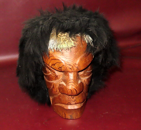 1937 Polynesian Style Carved Wood Mask w/ Fur & Feather Wig Signed "Sukma No 36"