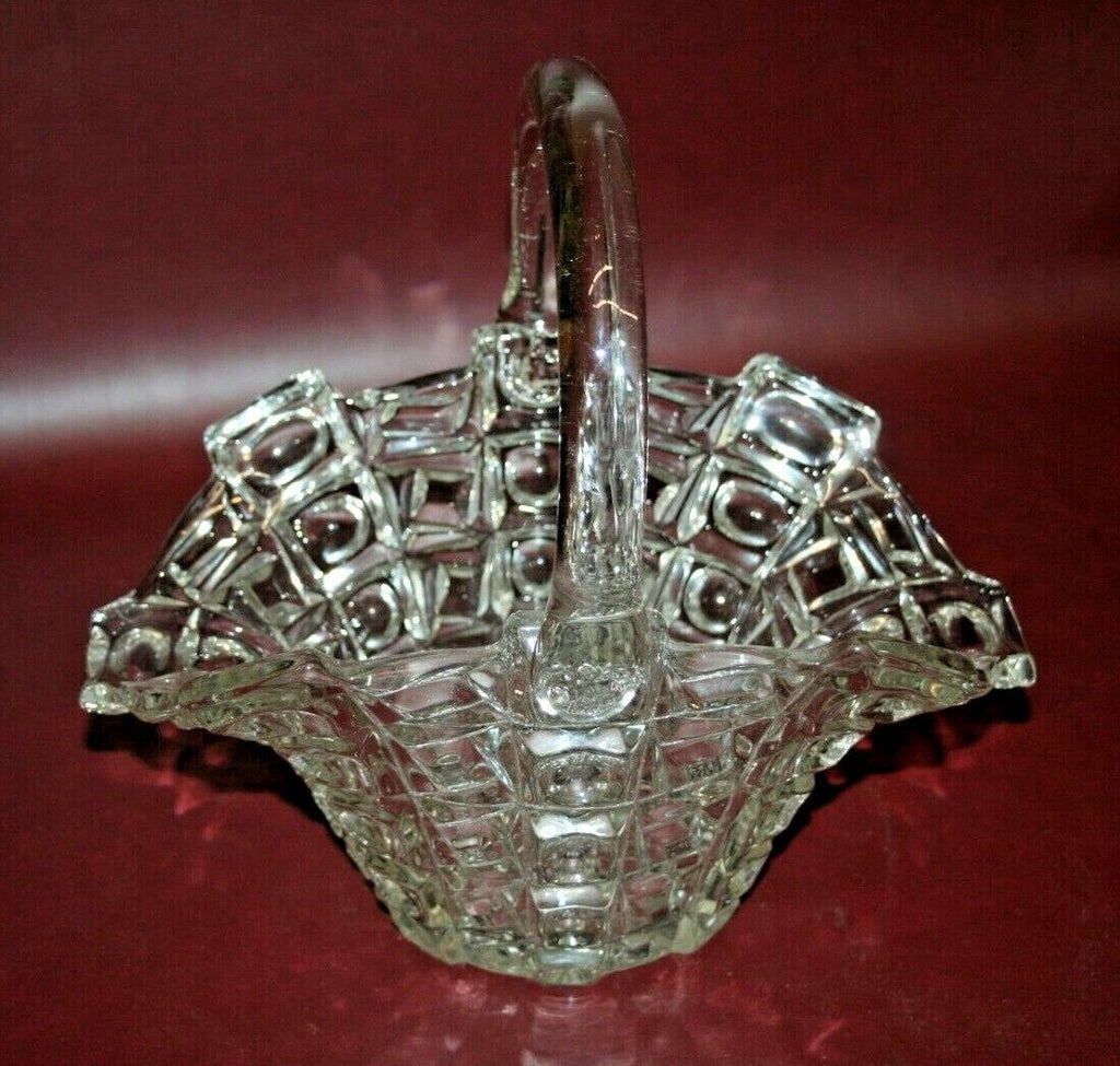 Vintage 10" Tall Unique Square Pattern Pressed Glass Basket w/ Handle - As-Is