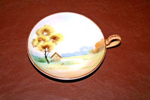 Vintage Nippon Japanese Porcelain Loop Handle Dish w/ Hand Painted Cottage Scene