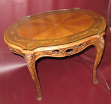 Antique Highly Carved French Marquetry Inlaid Wood Occasional Table w/ Glass Top