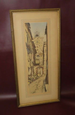 Vintage Alexander Signed 13x27" Gilt Frame Color Clocktower Print - Bernart Corp