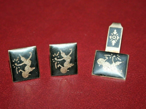 Vintage 3-pc Siam Silver Black Enameled Nielloware 1" Cufflink & Tie Clasp Set