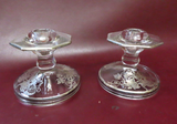 Antique Pair 3.5" Clear Glass Candlestick Holders w/ Leafy Silver Overlay Decor