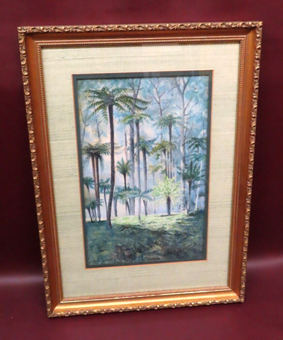 Vintage Framed 14x19" Signed W.G. Von Berwyn Watercolor of Tropical Forest Scene