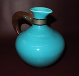 Vintage Metlox Poppytrail 238 Aqua Blue Turquoise Ceramic Pitcher w/ Wood Handle